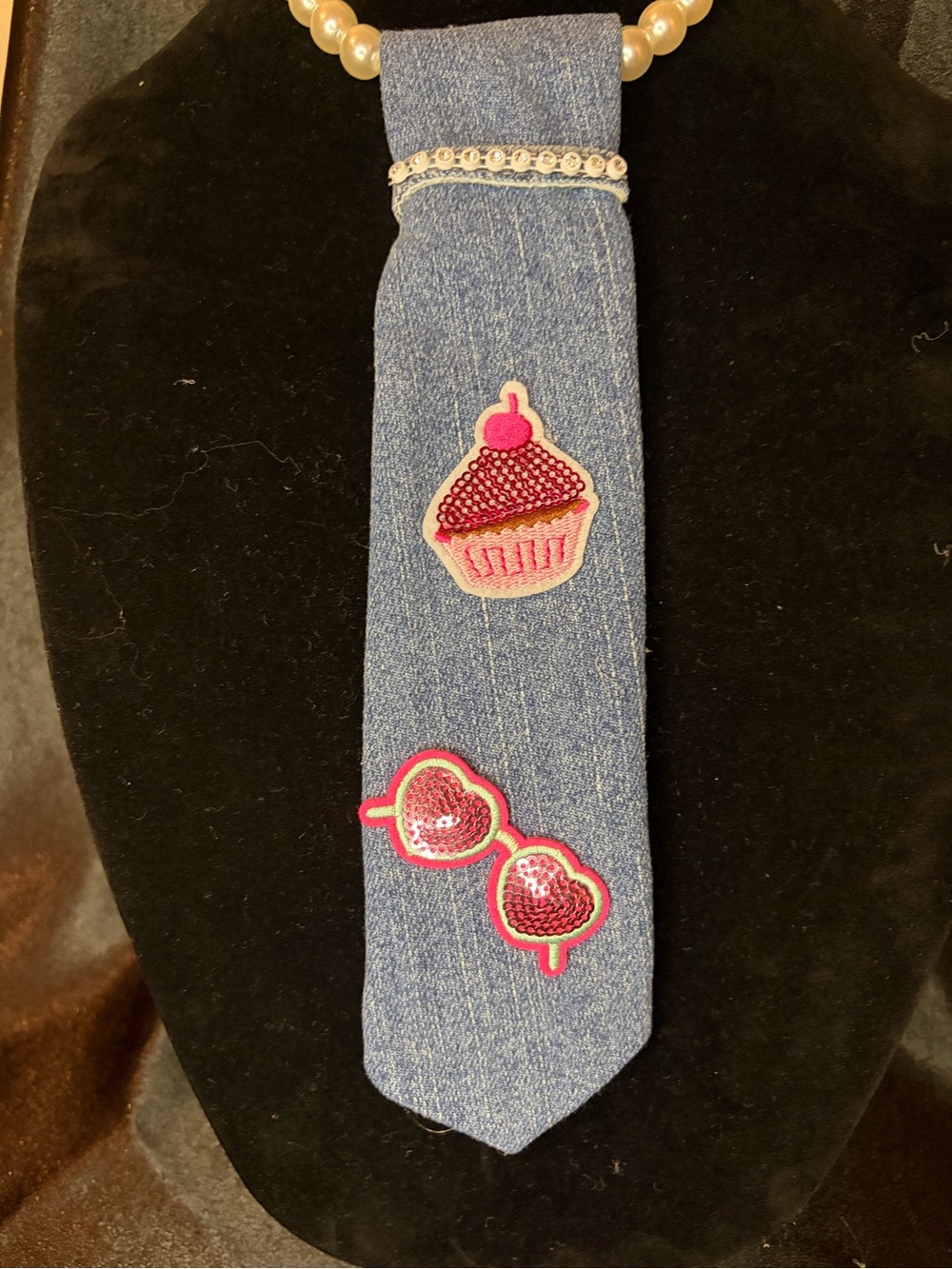 Denim Kids Tie with Pink Cupcake & Heart Sunglasses Patches